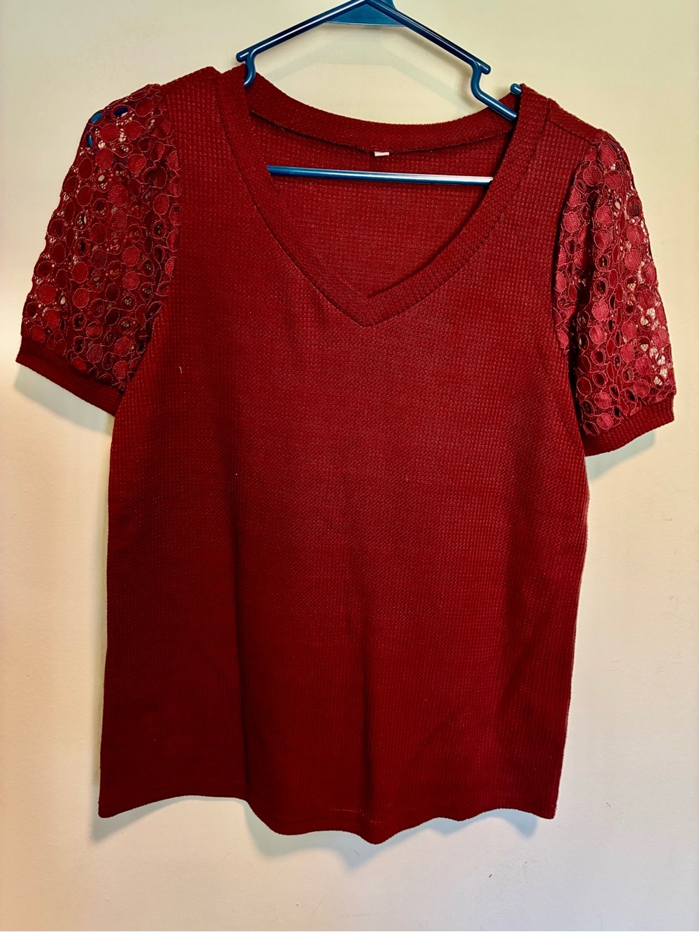 V-Neck Short Sleeve Knit Top with Lace Puff Sleeves - burgundy